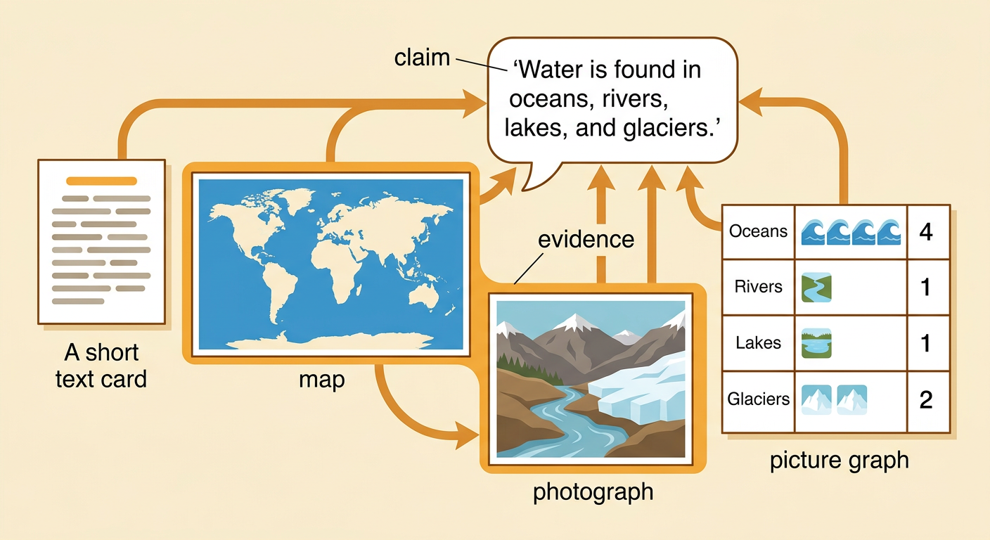 An evidence board connects a claim about Earth’s water to a map, a river photograph, a glacier photograph, and a picture graph.