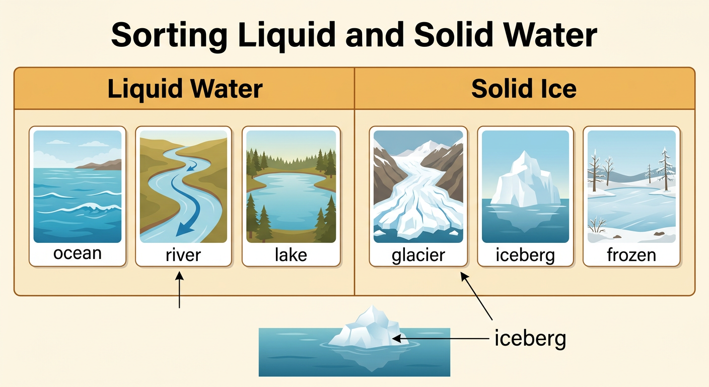 A two-column sorting board places a river under Liquid Water and a glacier and iceberg under Solid Ice.