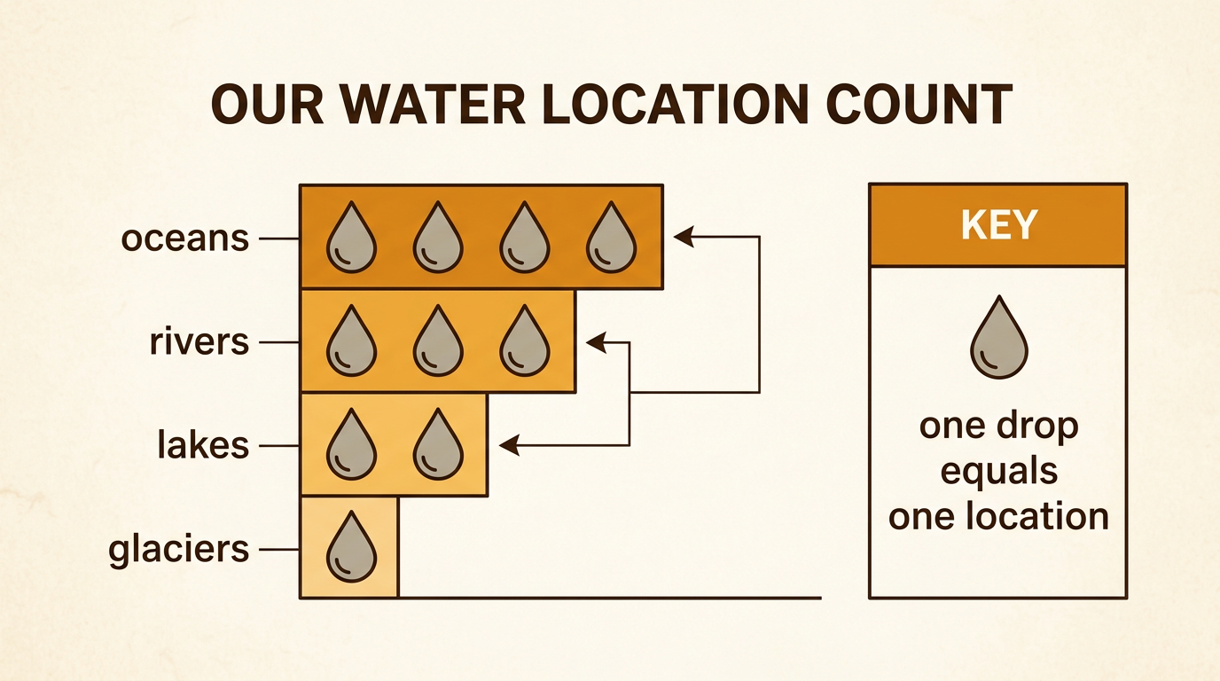 A water-drop picture graph compares four oceans, three rivers, two lakes, and one glacier using a clear key.