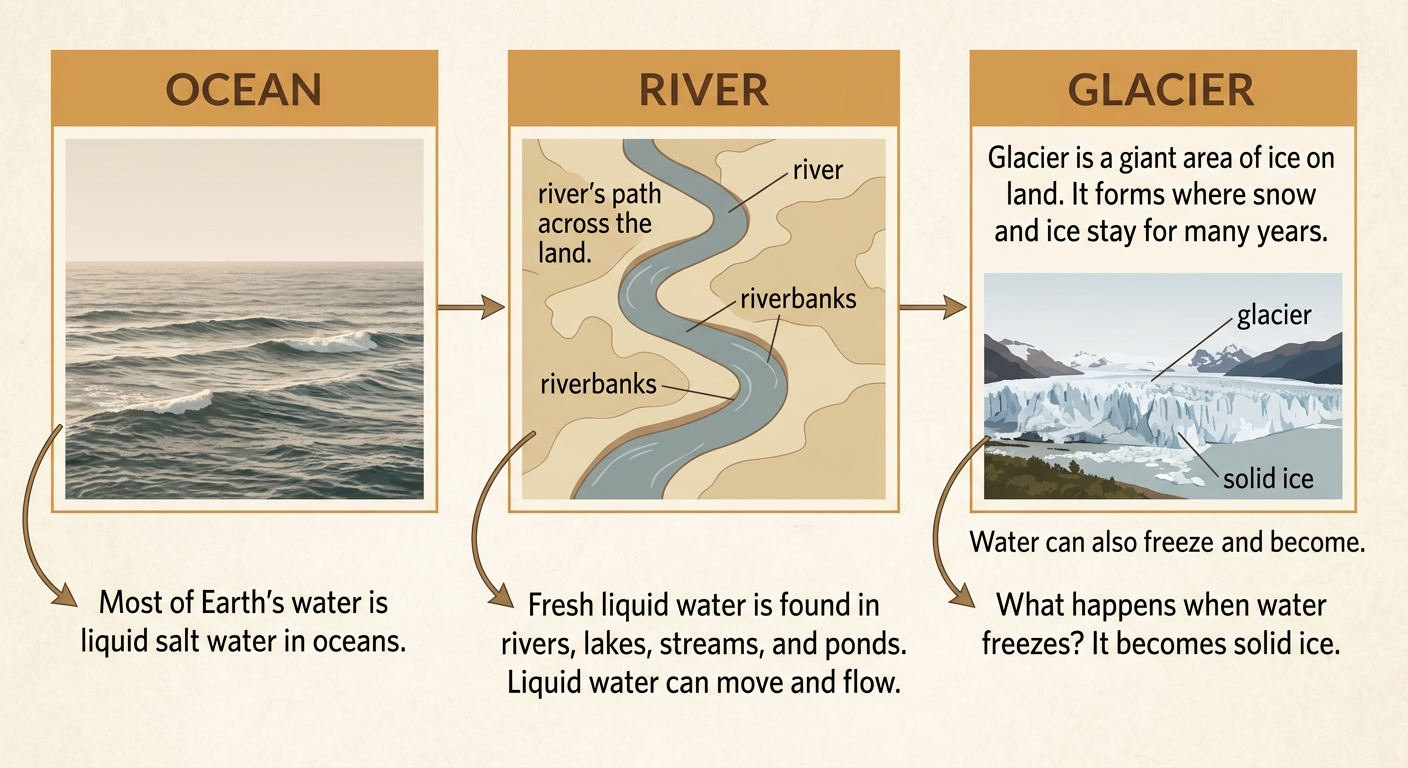 A combined map and photograph shows a river flowing between riverbanks, an ocean, and a glacier made of solid ice.