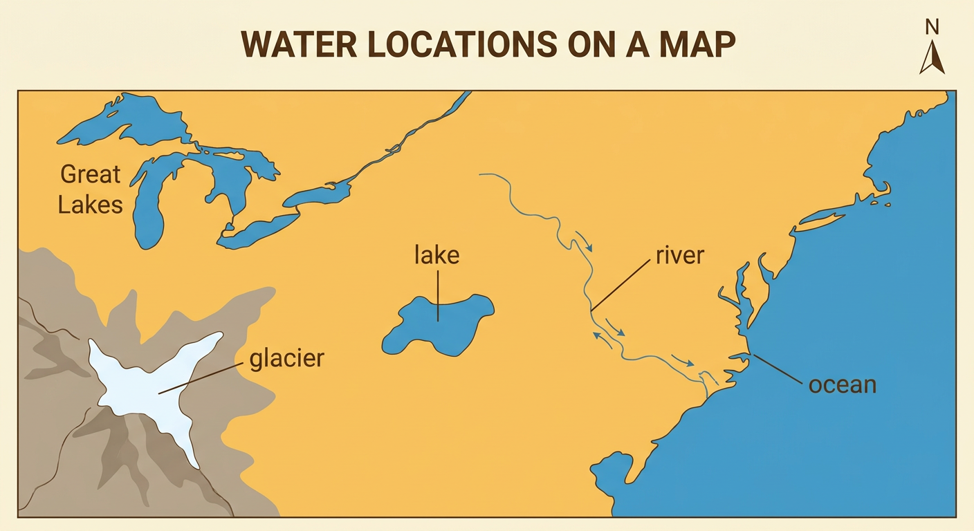 A simple map uses different shapes to show an ocean, a winding river, an inland lake, a glacier, and the Great Lakes.