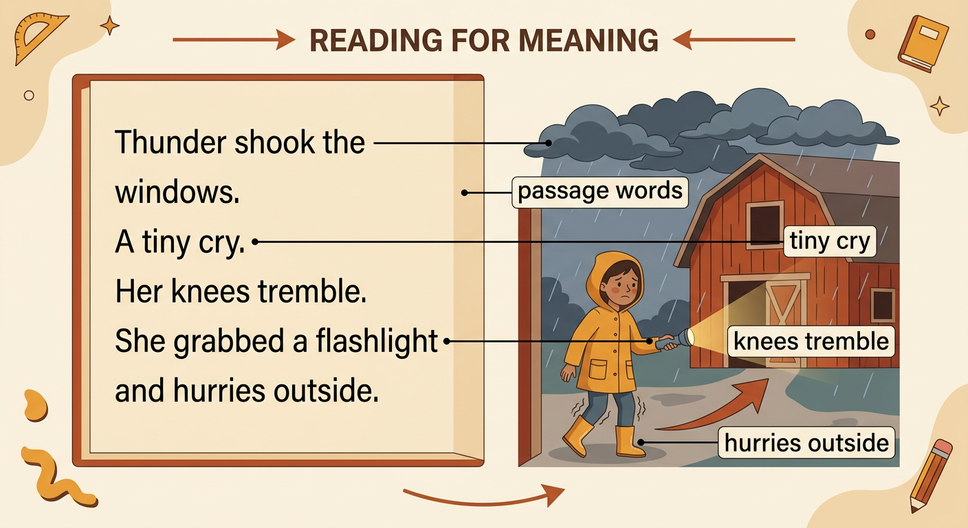 An open storybook shows passage words beside Maya hearing a tiny cry and hurrying outside with trembling knees.