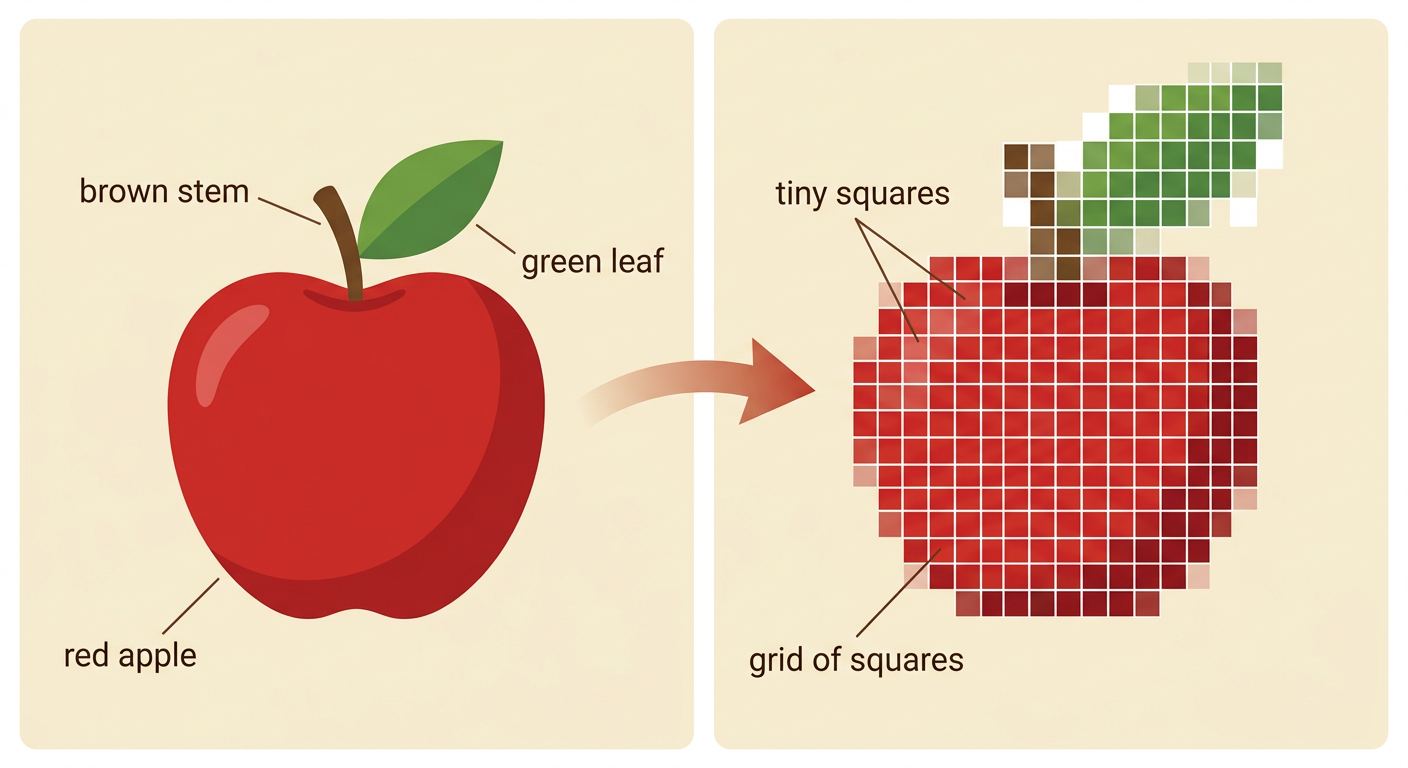 A digital red apple is shown from far away and zoomed in to reveal its tiny colored squares.