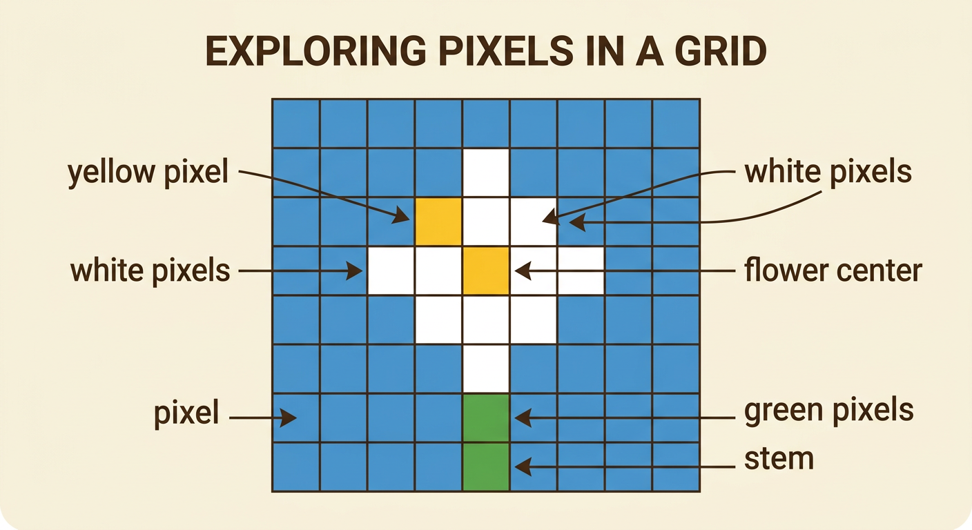 A simple pixel flower has a yellow center, white petals, and a green stem on a square grid.