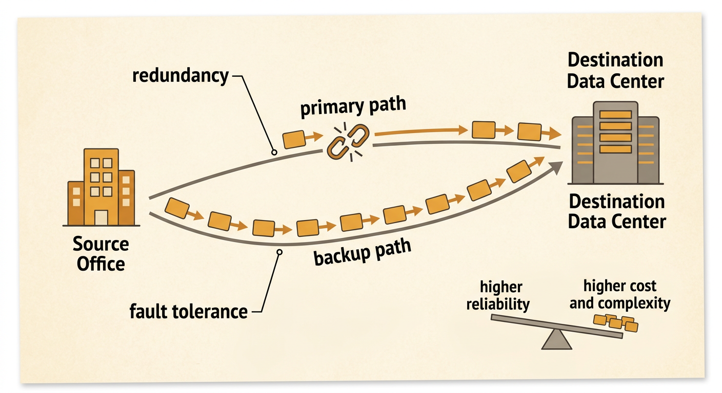 Two parallel network paths connect the same endpoints, with traffic switching to the backup after the main connection breaks.