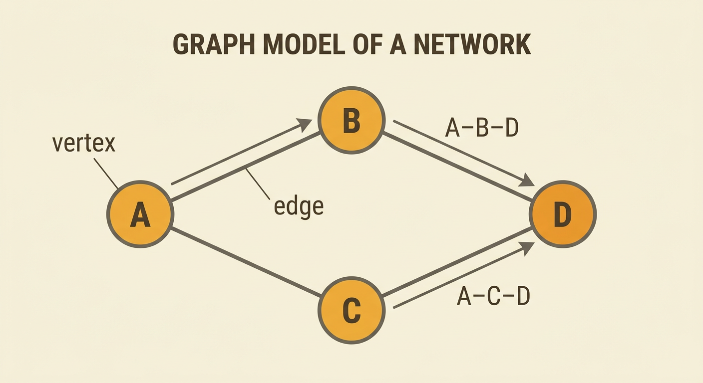 A four-router graph shows two paths from A to D, with one router marked as a vertex and one connection marked as an edge.