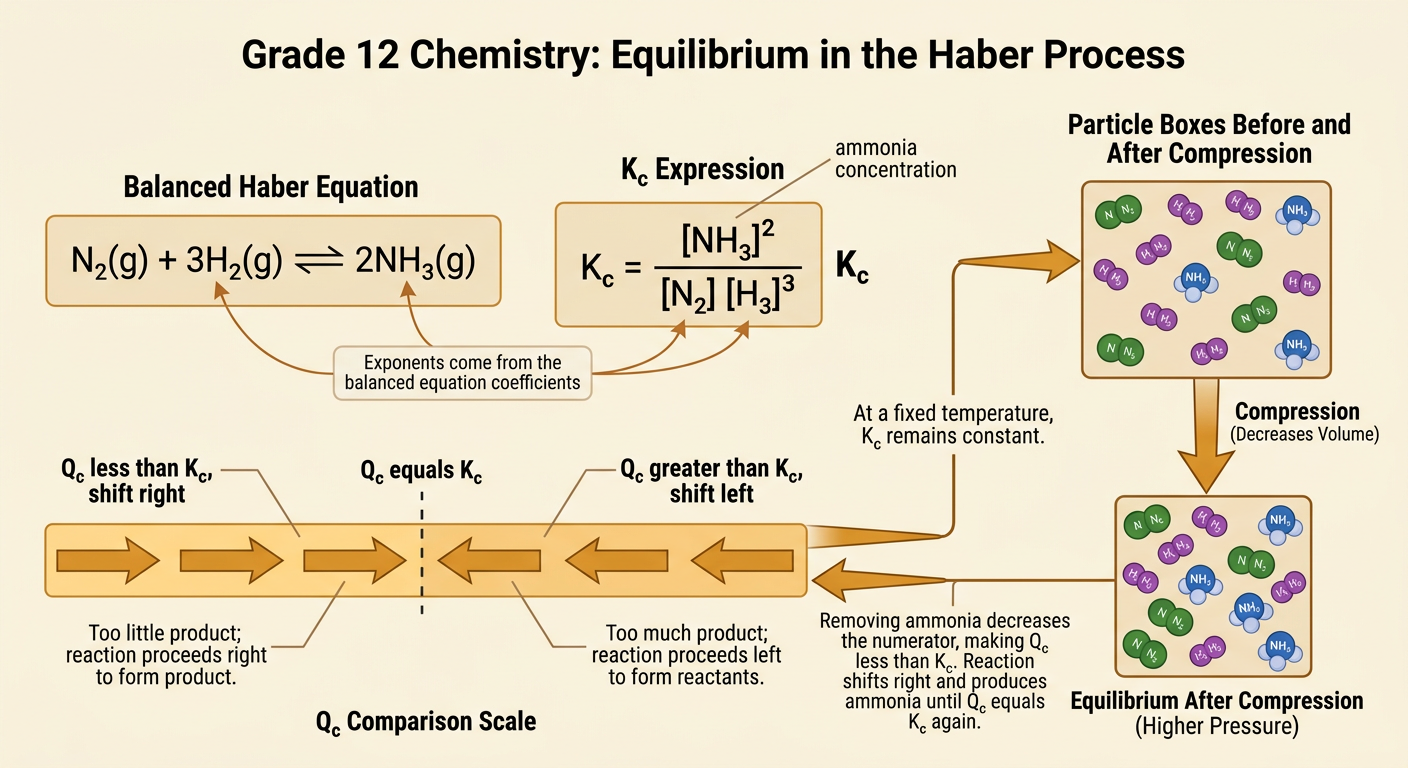 A balance-style diagram compares Qc with Kc after ammonia removal and shows the reaction shifting right until equality returns.