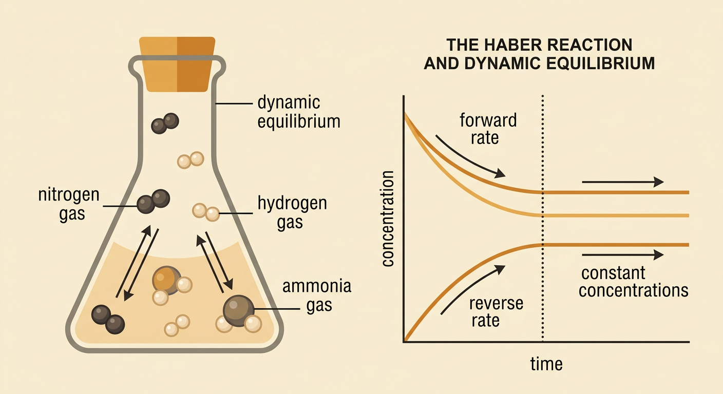A concentration-and-rate graph shows the Haber reaction reaching dynamic equilibrium at unequal concentration plateaus.