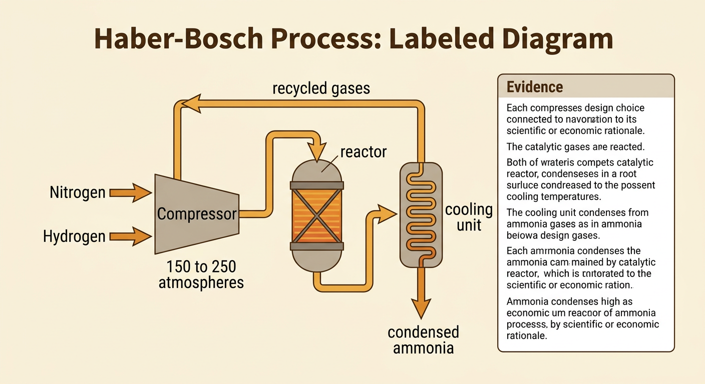 An industrial Haber process loop shows gases entering a reactor, ammonia condensing in a cooling unit, and unused gases being recycled.