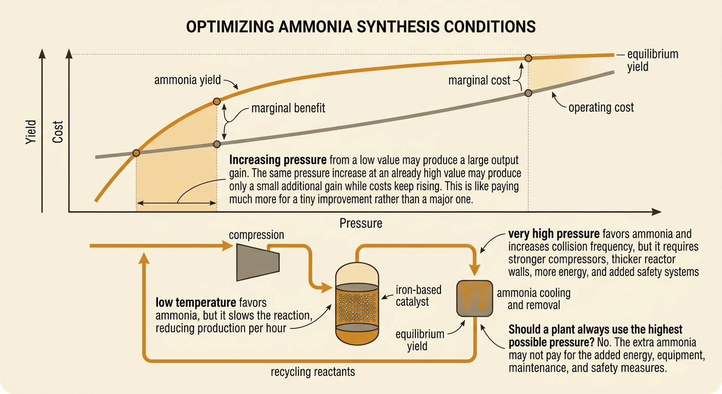 A graph compares diminishing ammonia output gains with rising industrial costs as operating pressure increases.