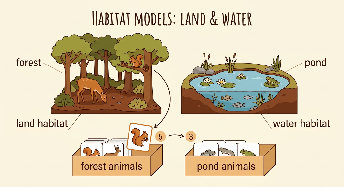 Two simple models show animal pictures sorted beside a forest and a pond.