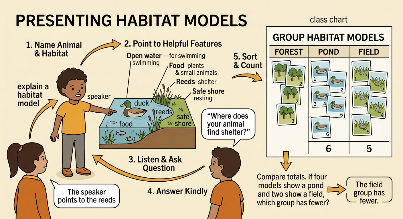 A child points to features of a duck pond model while a partner listens.