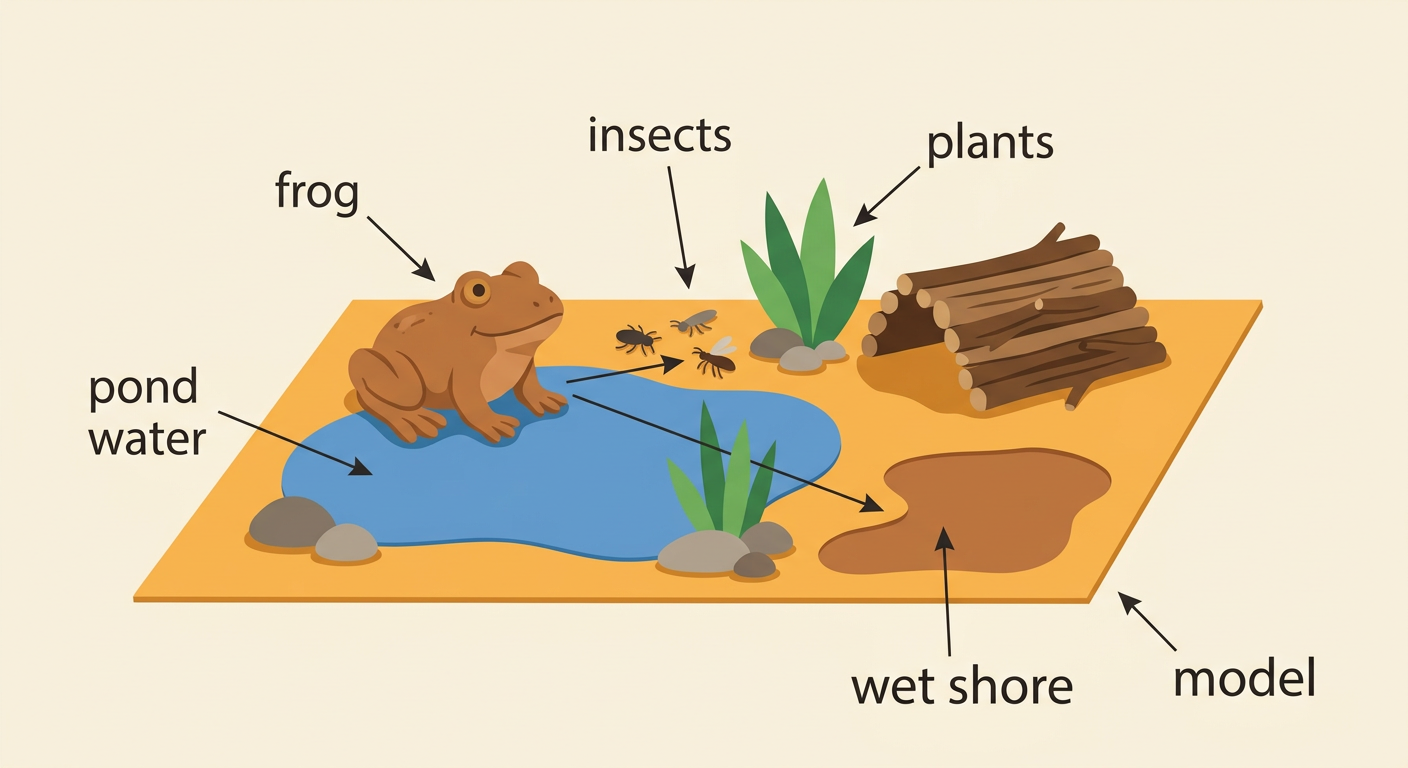 A handmade frog habitat model includes pond water, insects, plants, and a wet shore.