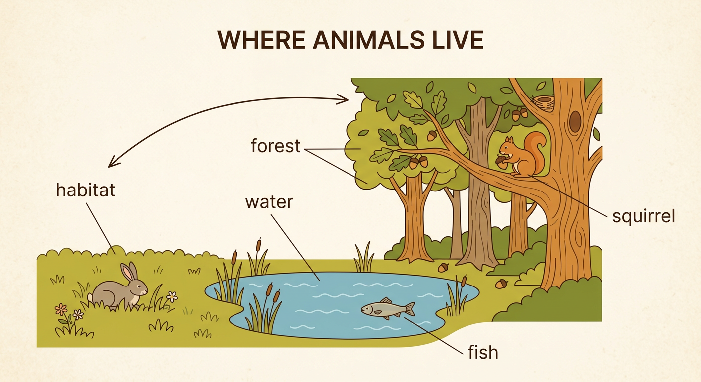 A squirrel sits in a forest tree while a fish swims in nearby water.