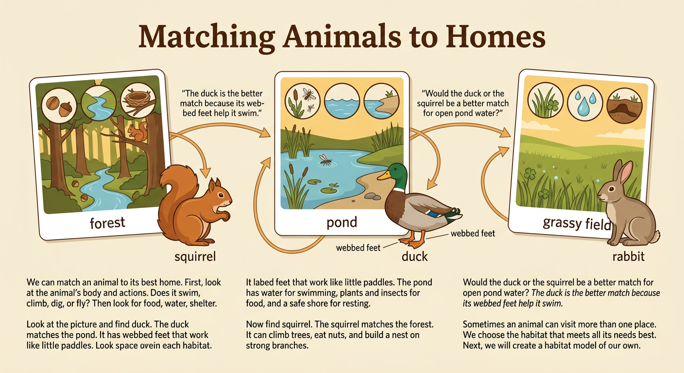 A duck card matches a pond model while a squirrel card matches a forest model.
