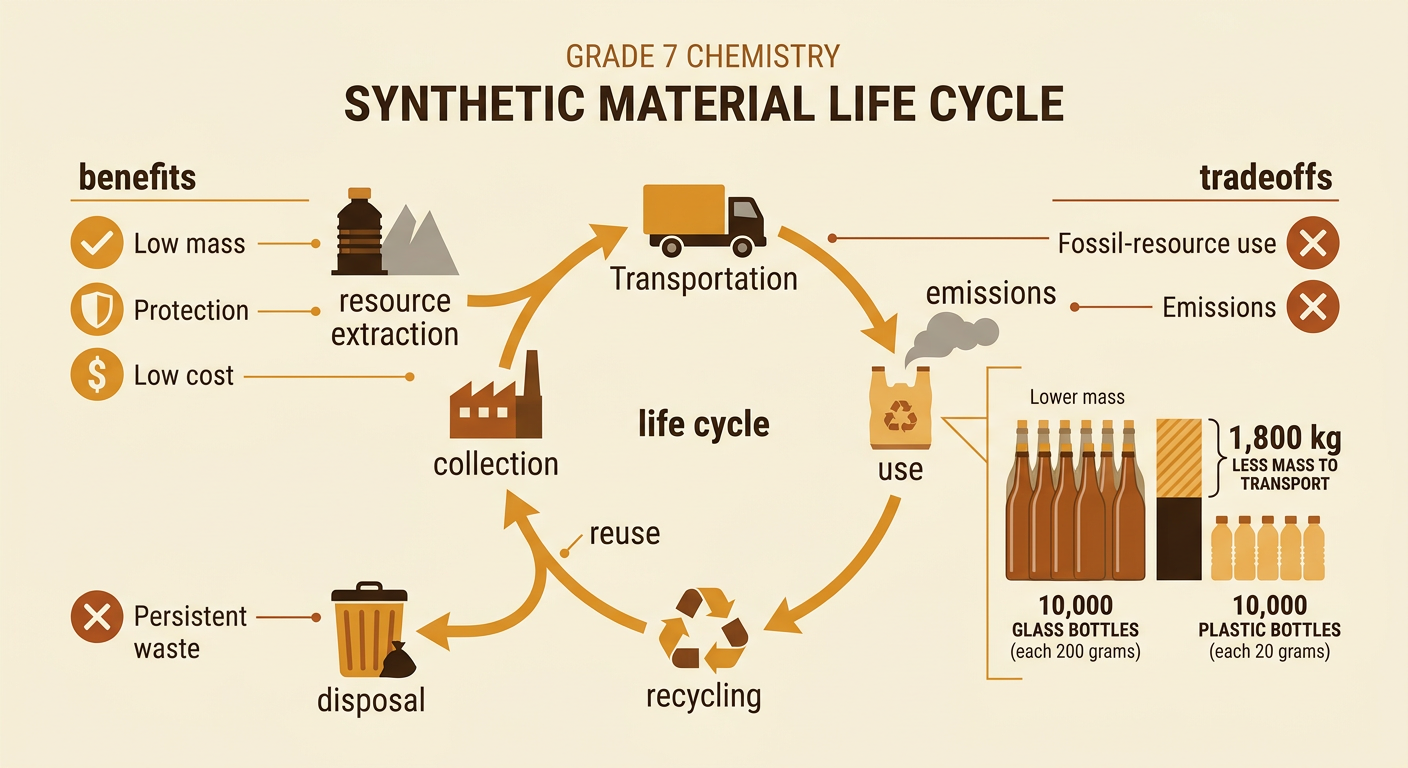 A balanced scale compares the benefits and tradeoffs of plastic bottles across their life cycle.