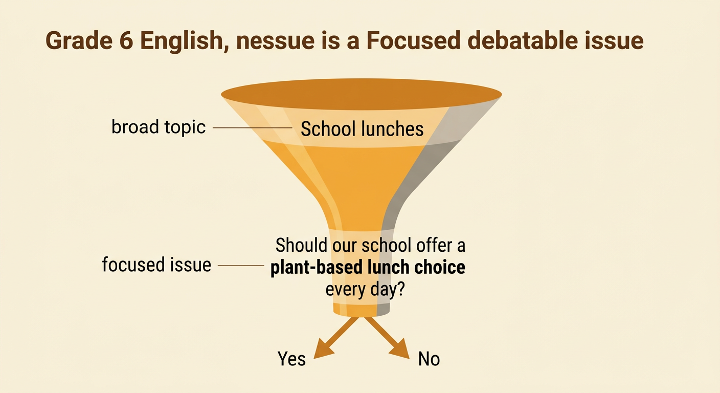 A camera-like funnel narrows the words school lunches from a broad topic into a focused question about a daily plant-based choice.