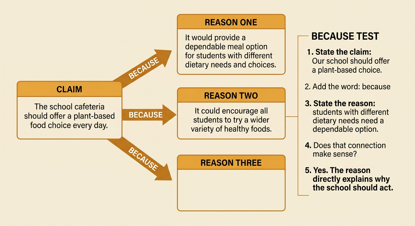 A central lunch claim connects by bridge-like arrows to two distinct reasons, with a because test shown beneath them.