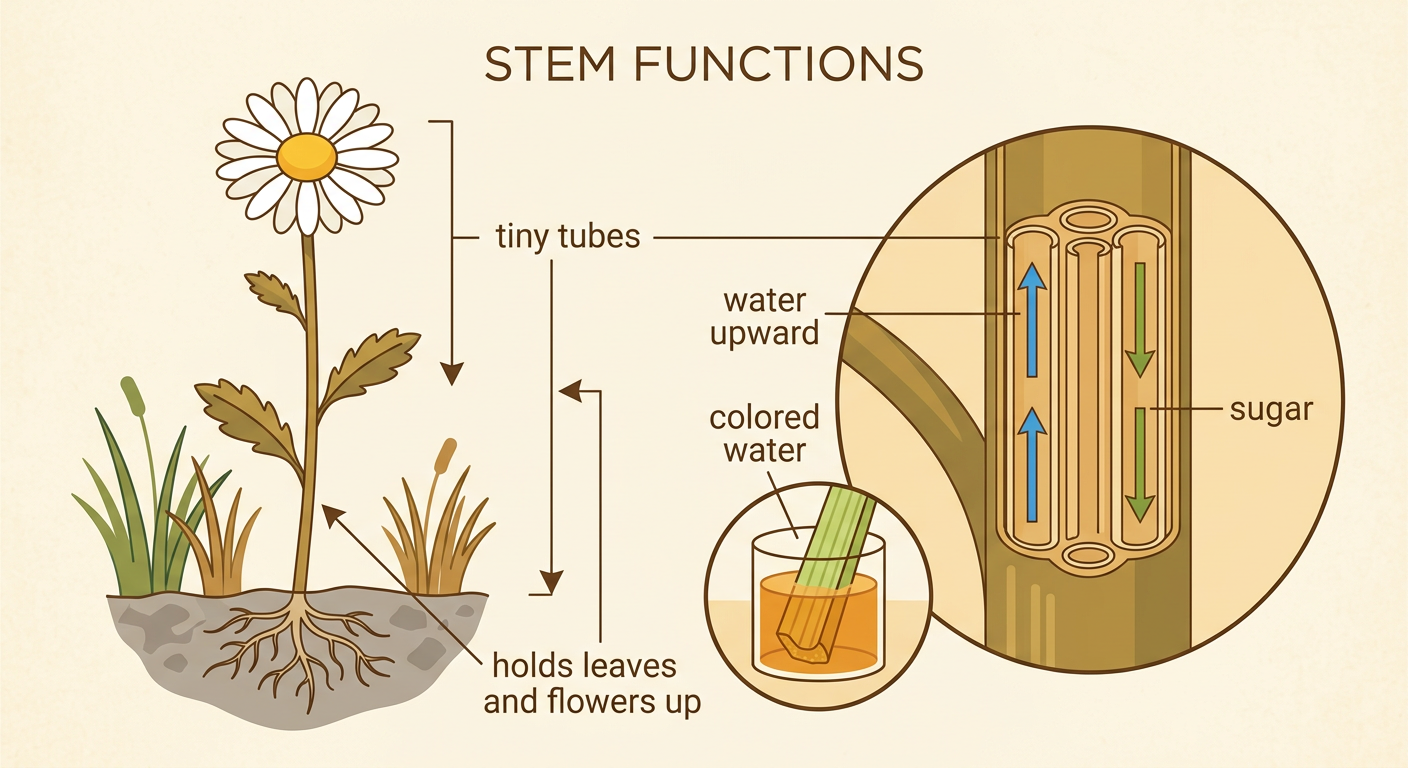 A celery stalk in colored water reveals tiny tubes carrying water upward to its leaves.