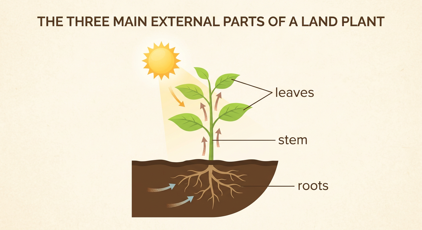 A sunflower shows how its roots, stem, and leaves work together above and below the soil.