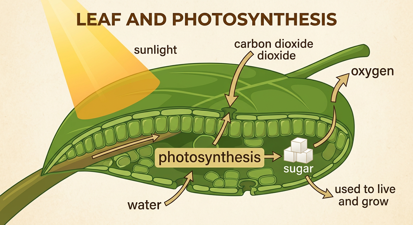 A young plant bends toward a sunny window while its leaves use light, water, and carbon dioxide and release oxygen.