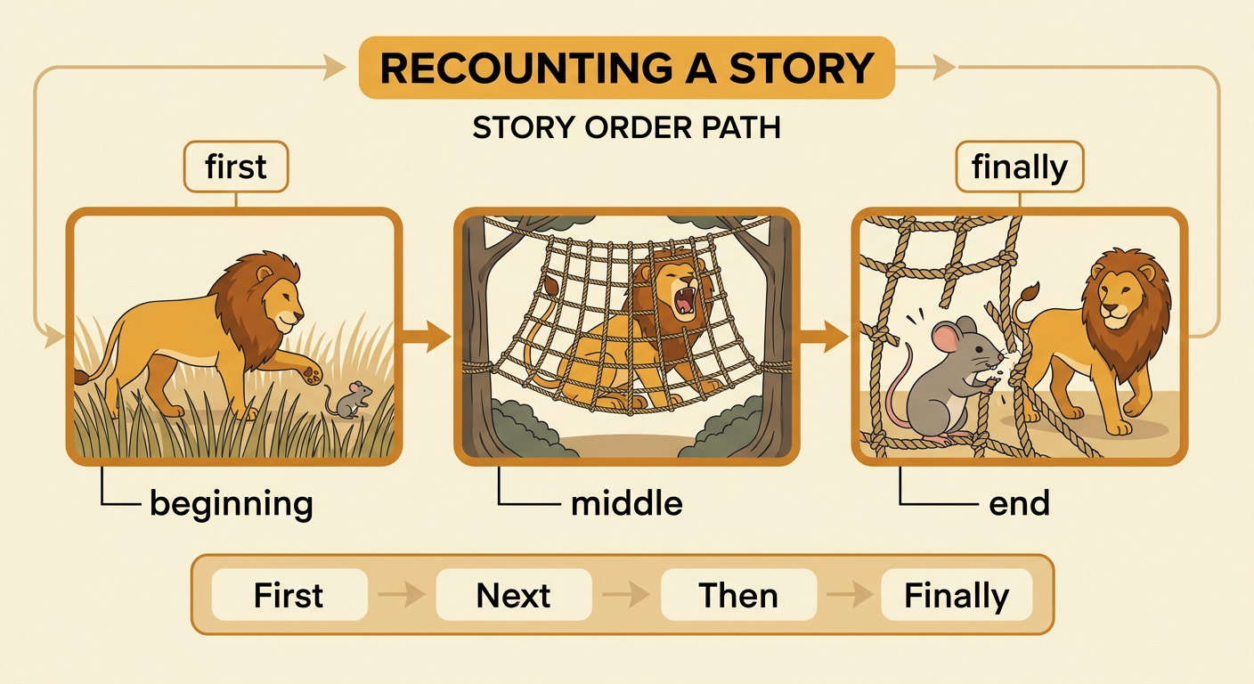 A simple timeline shows the lion and mouse fable moving from the beginning through the middle to the end.
