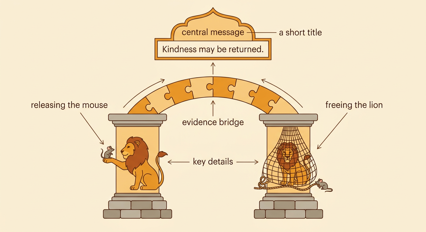 Two connected story details show the lion releasing the mouse and the mouse later freeing the lion to prove the central message.