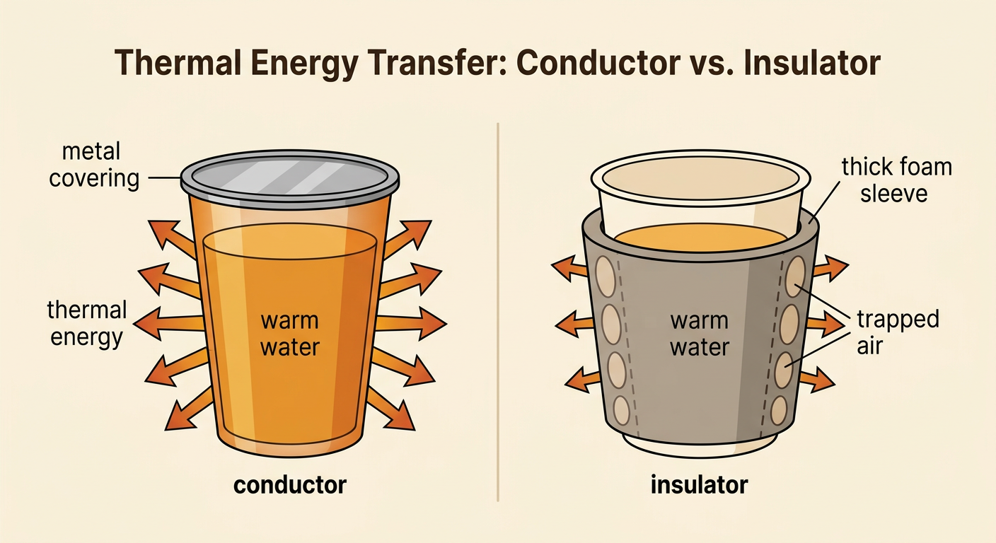 A metal spoon conducts heat from soup while a thick foam sleeve insulates a warm drink using pockets of trapped air.