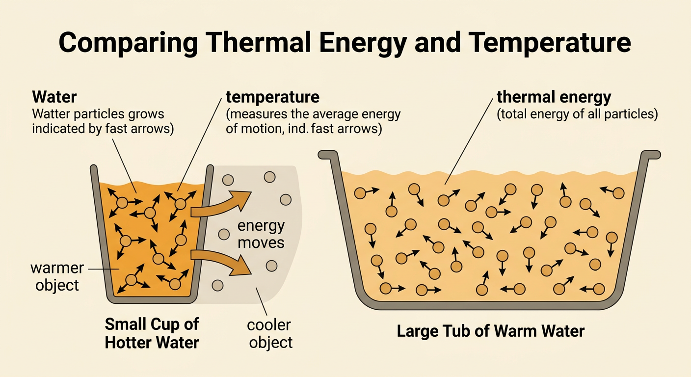 A hot cocoa cup transfers thermal energy to cooler air and a table while a large warm tub is compared with a small hotter cup.
