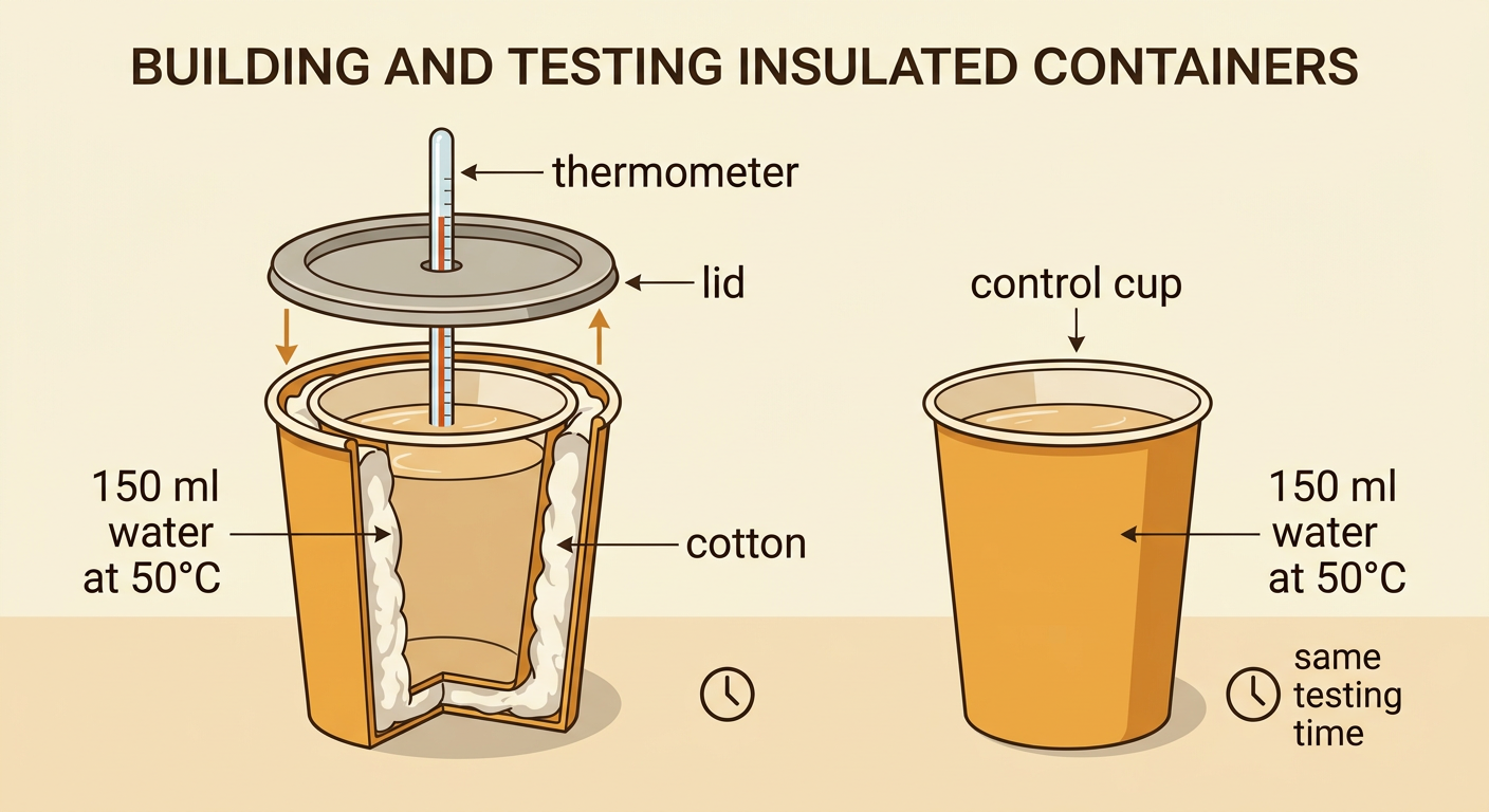Two nested paper cups hold cotton insulation, with a lid and thermometer beside an uninsulated control cup.