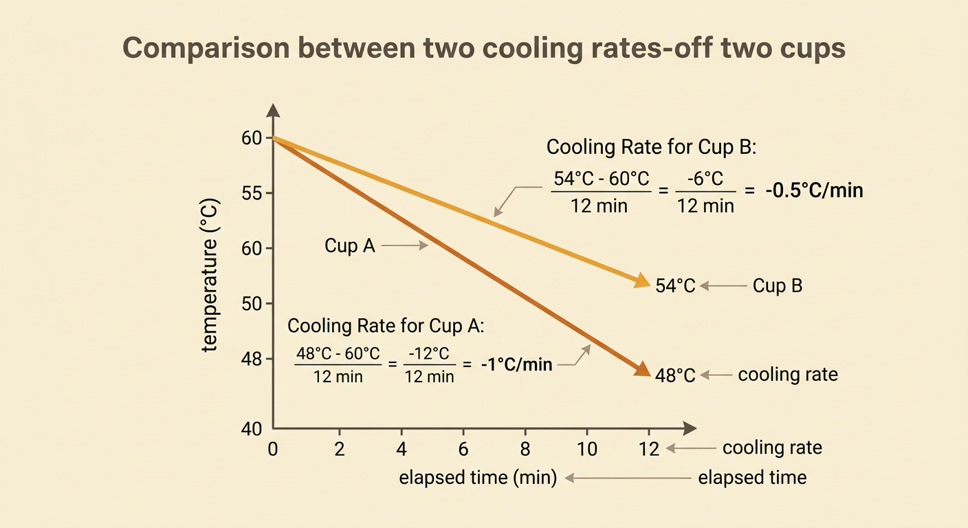 A graph compares Cup A cooling quickly with Cup B cooling more slowly over the same 12 minutes.