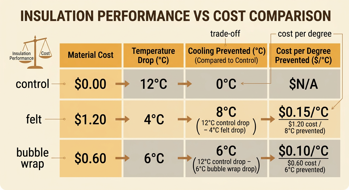 A performance-and-cost chart compares an uninsulated control with felt and bubble wrap.
