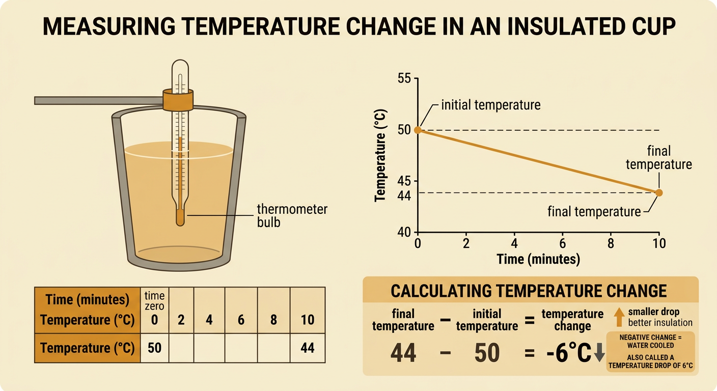 A thermometer is read at eye level in warm water beside a table showing time zero and the initial and final temperatures.