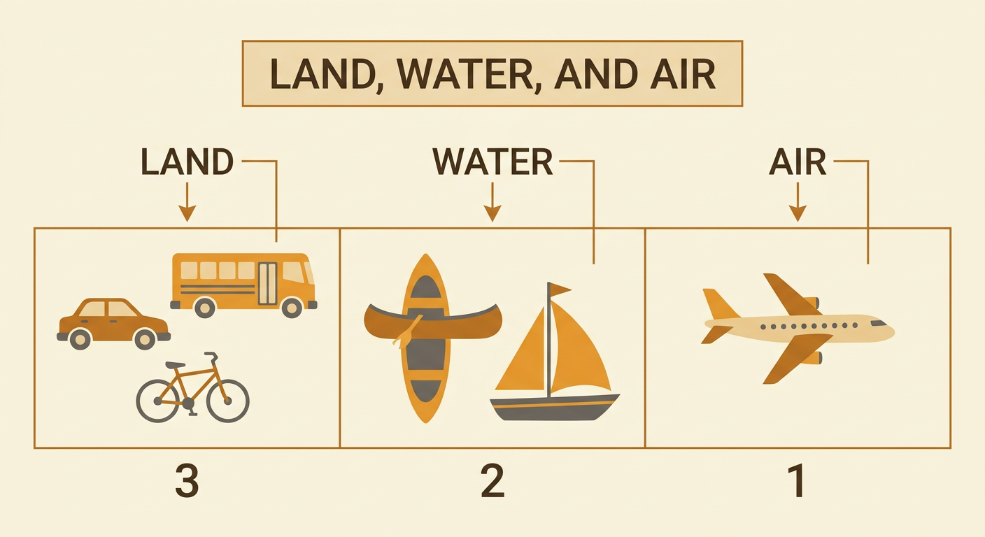 A three-part sorting chart places a car, bus, and bicycle on land, two boats on water, and one airplane in air.