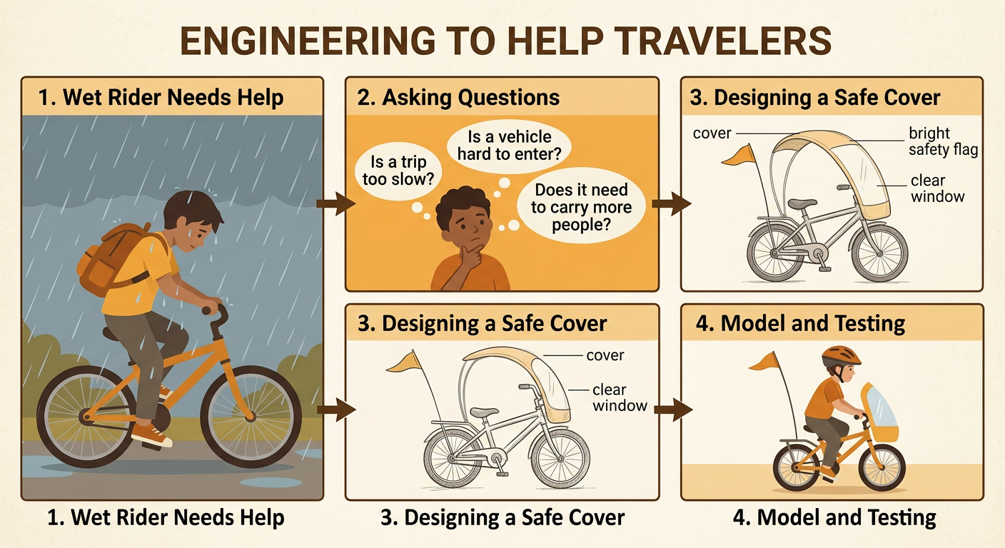 A rainy-day bicycle design has a protective cover, a clear window, and a bright safety flag.