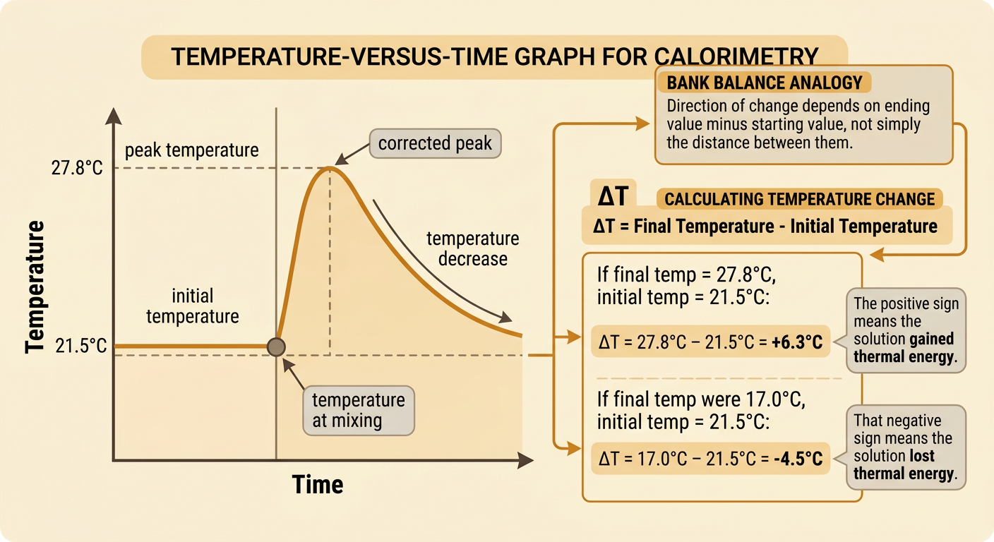 A temperature-versus-time graph rises from the initial reading at mixing to a corrected final peak.