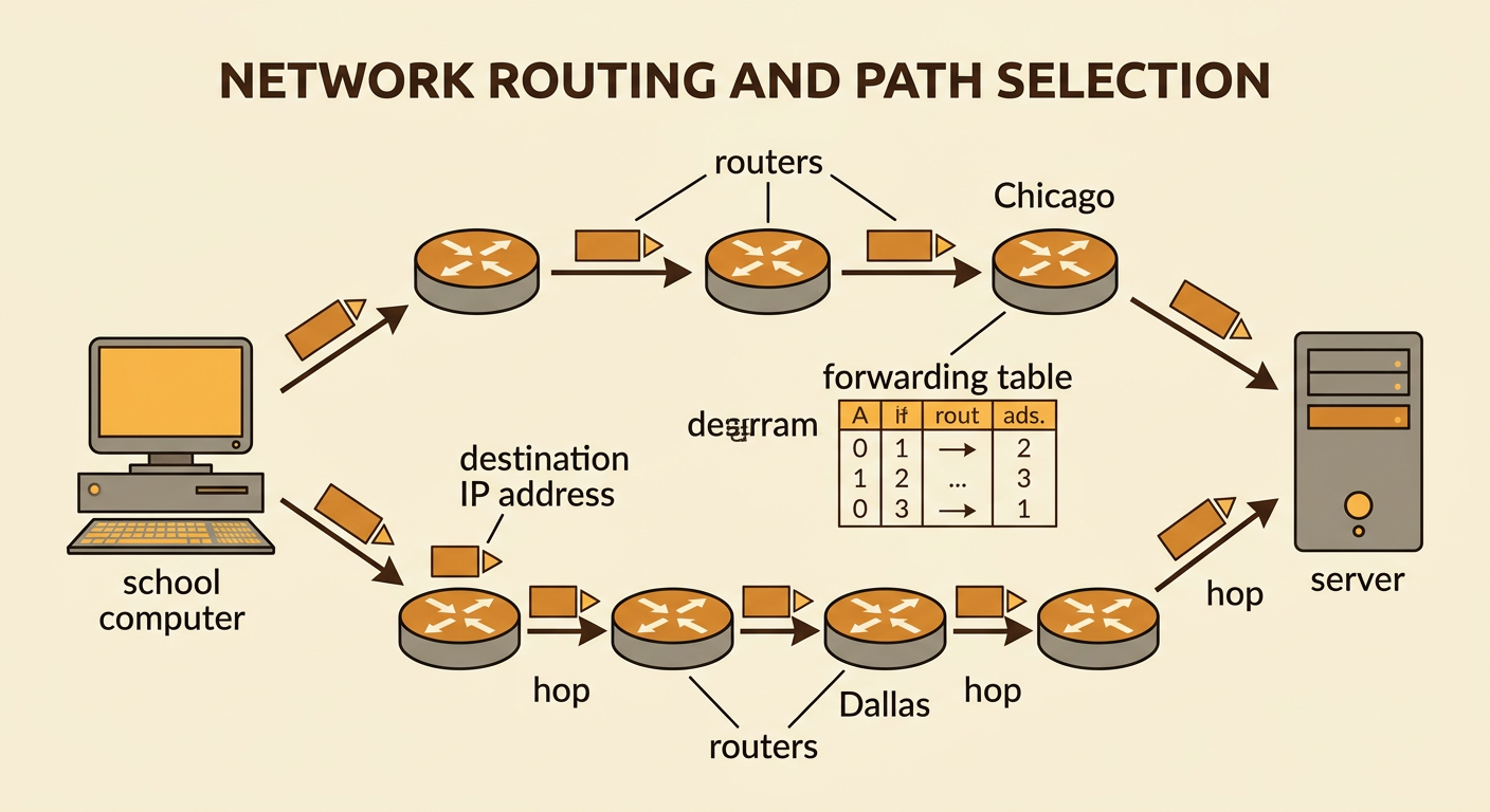 A packet travels from Denver to Boston along two possible router routes, one through Chicago and one through Dallas and Atlanta.
