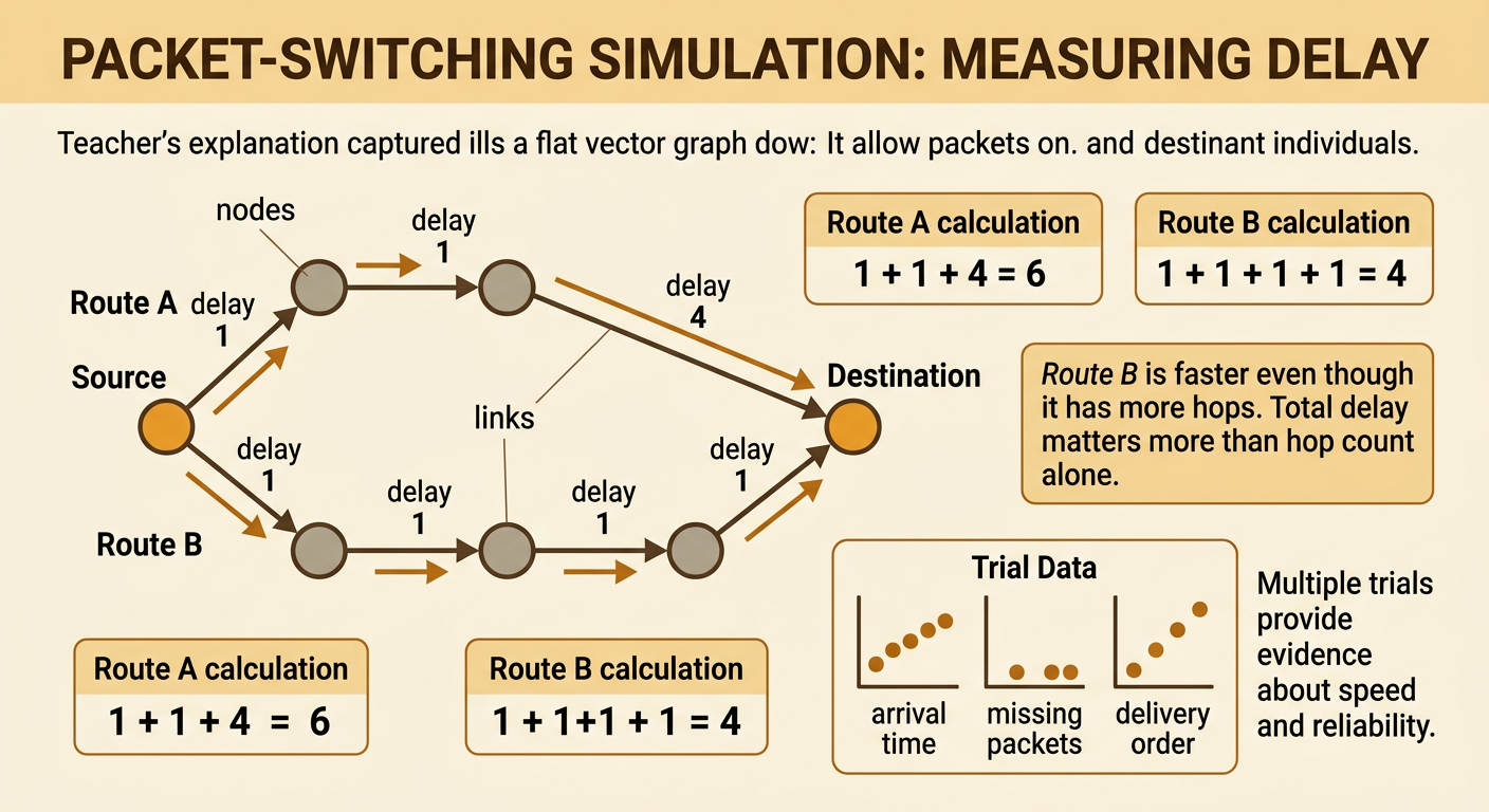A network model compares Route A with a total delay of 6 and Route B with a total delay of 4.