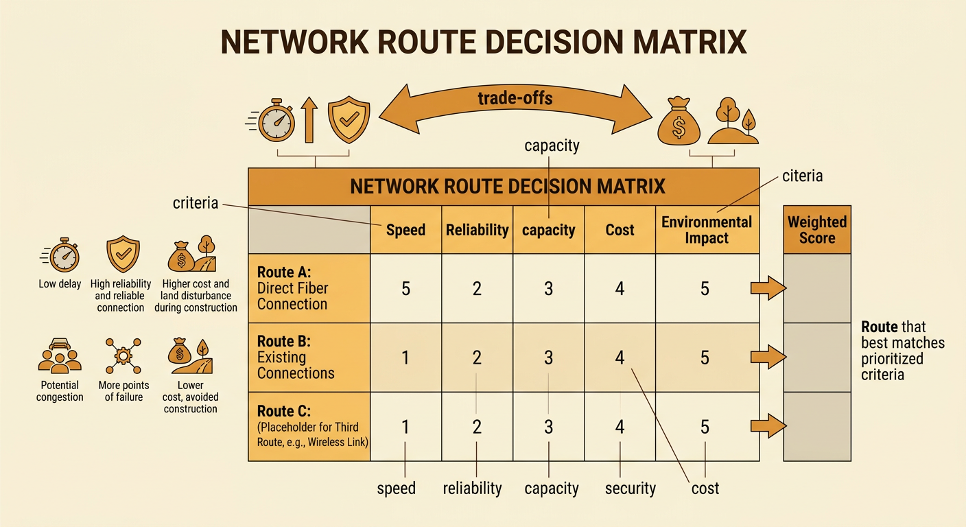 A weighted comparison chart scores two network routes for speed, reliability, and cost for hospital and video-service needs.