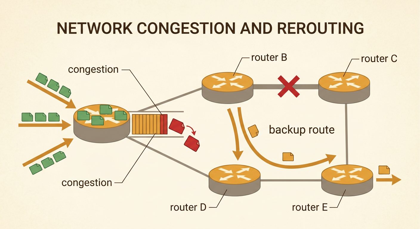 A congested router has a growing queue while a failed link from router B to router C causes packets to use a backup route.