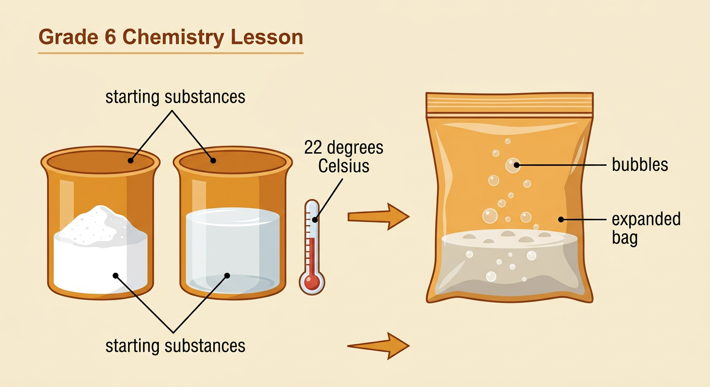 Separate baking soda and vinegar are shown before mixing, beside a sealed bag that expands with bubbles afterward.