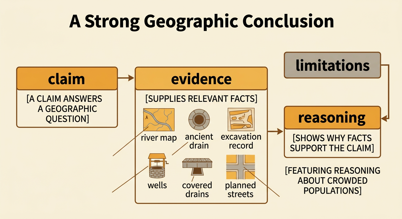 An evidence diagram connects archaeological features at Mohenjo-daro to a geographic claim about urban water management.