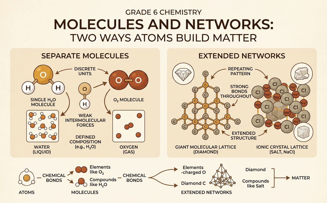 Molecules and Networks: Two Ways Atoms Build Matter