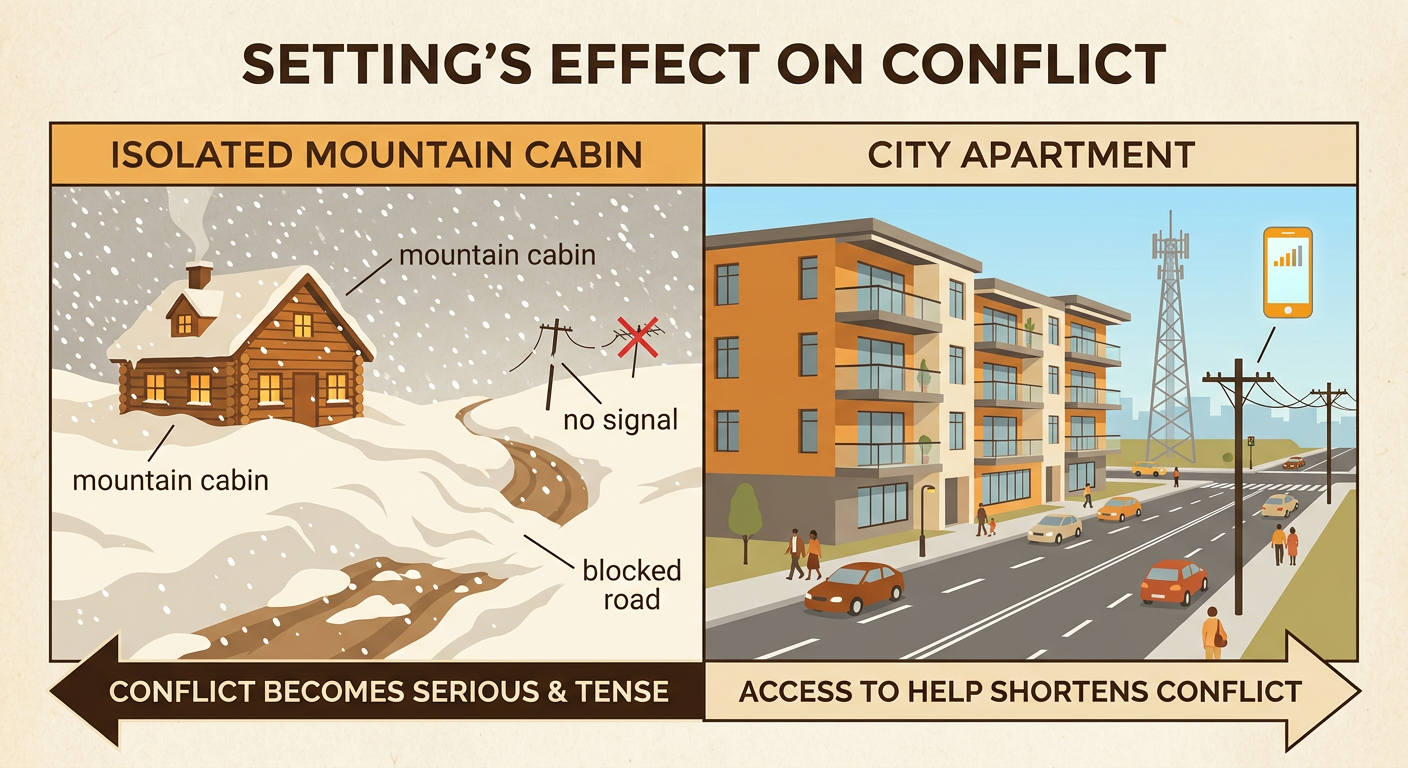 A snowy mountain cabin is cut off by a blocked road while Maya’s phone shows no signal.