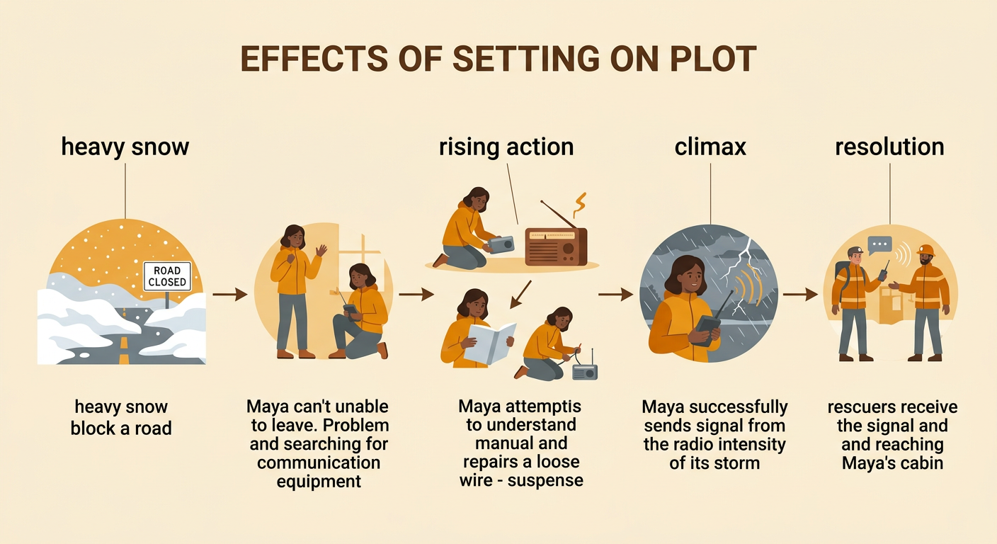 A cause-and-effect chain shows heavy snow leading through Maya’s radio repair to the climax and rescue.