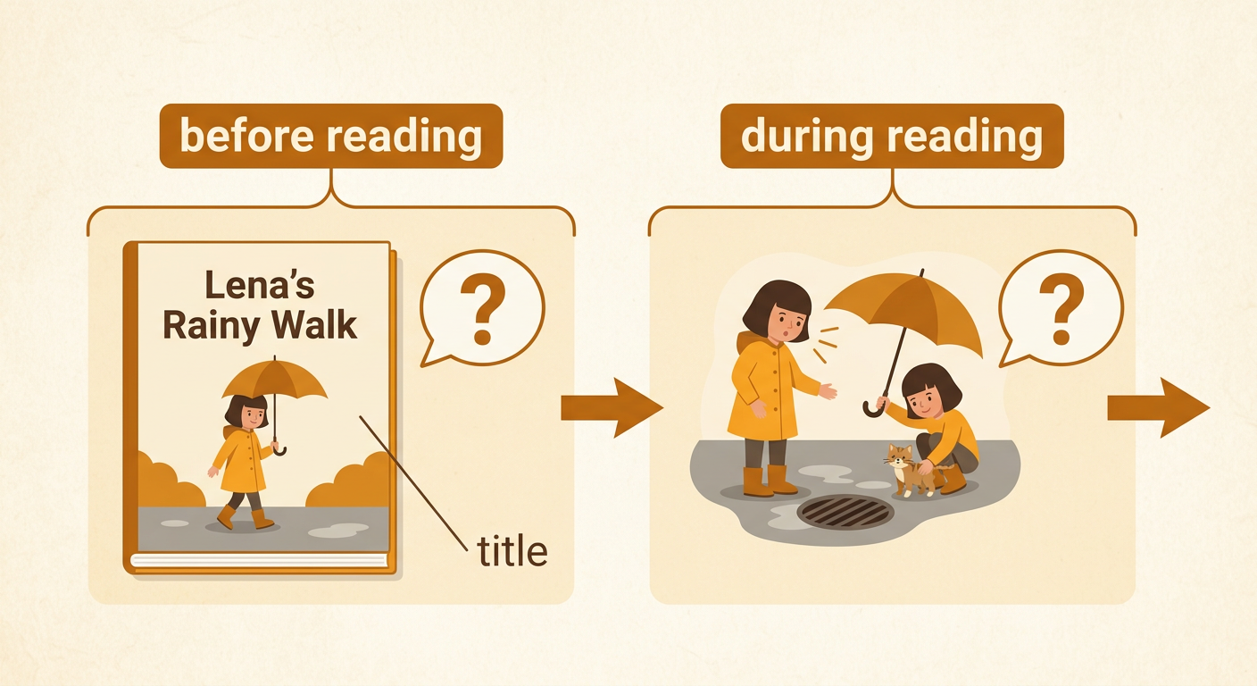 An open book titled Lena's Rainy Walk shows Lena hearing a kitten near a drain and covering it with an umbrella.