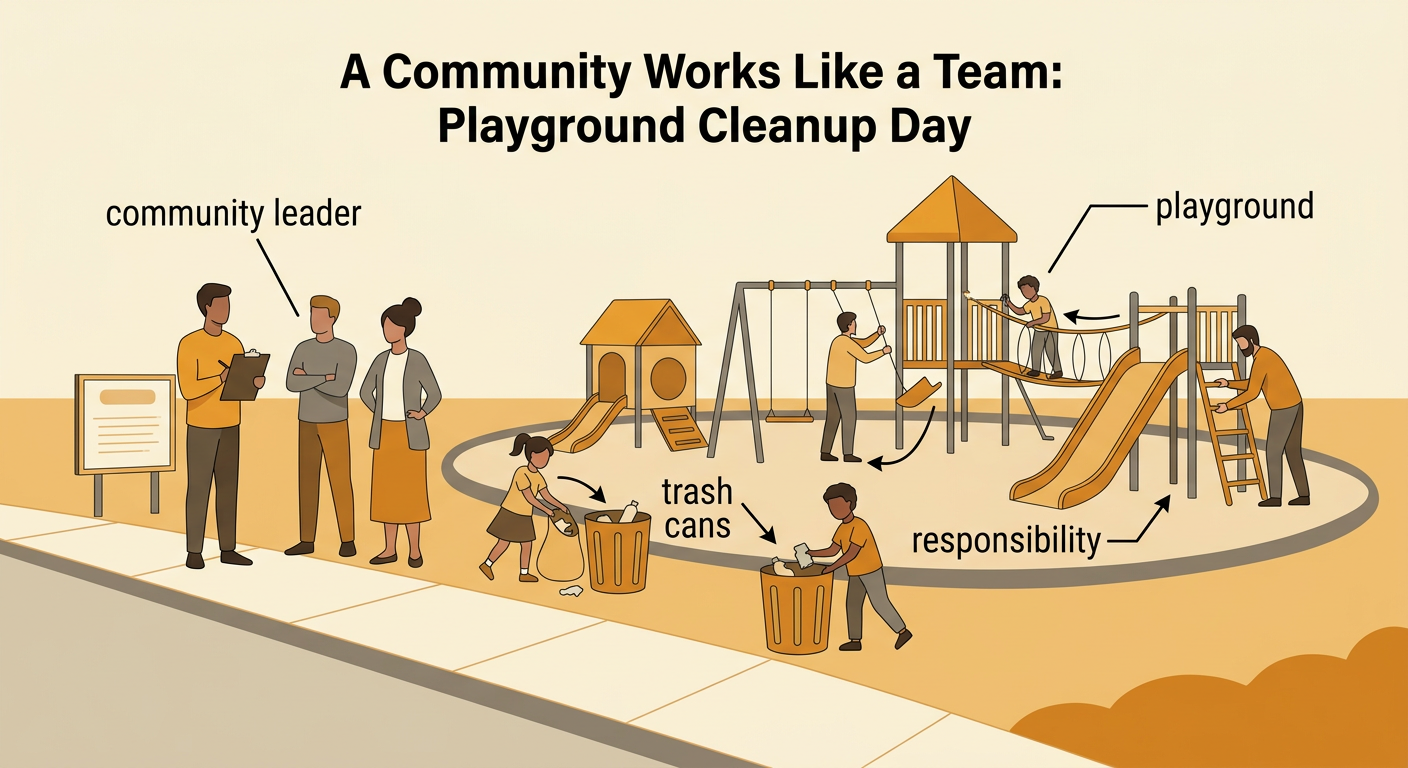 Children, adults, and a community leader work together to clean and repair a neighborhood playground.