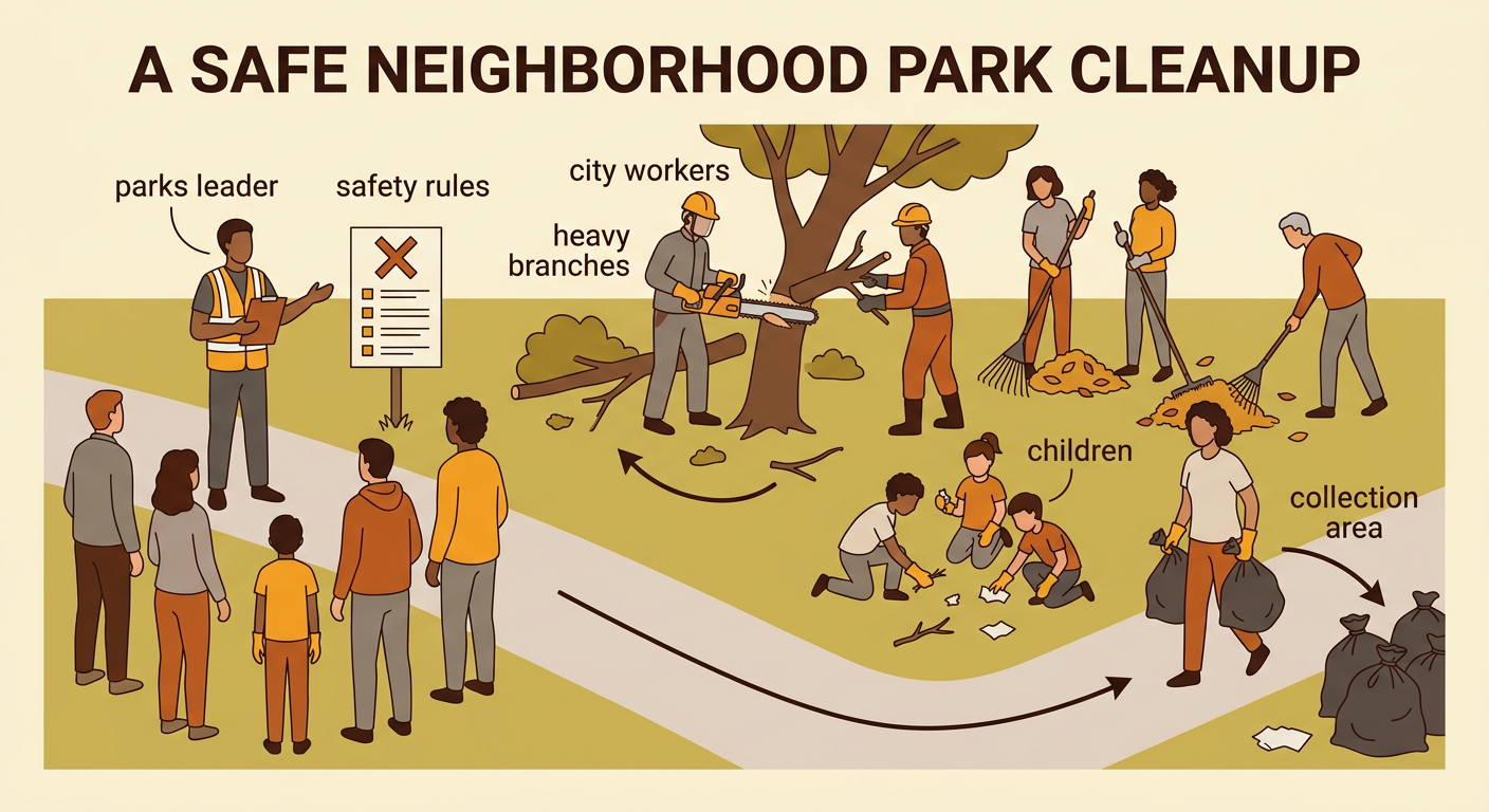 A parks leader guides city workers, adults, and children as they safely clean a storm-covered park path.