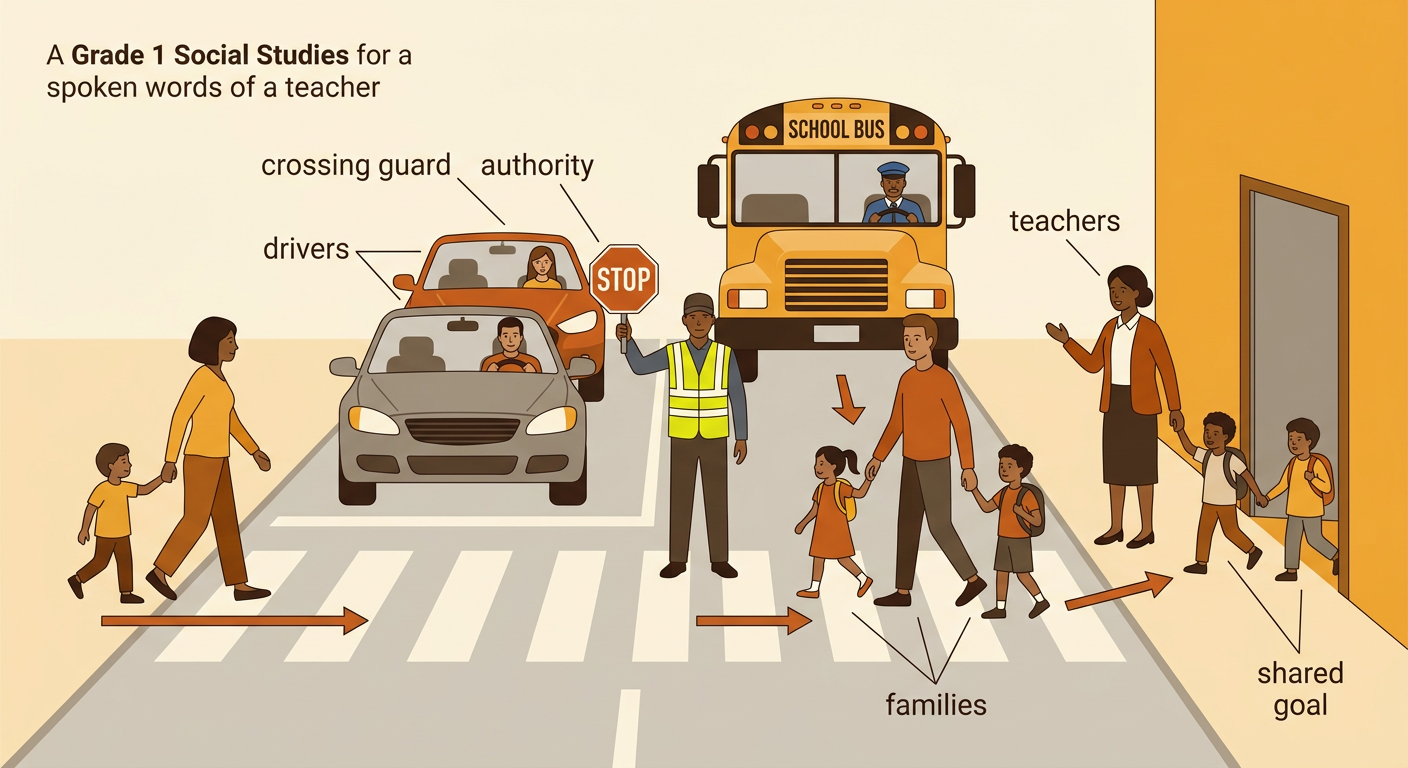 A crossing guard stops traffic while children, families, and a teacher cross safely near a school.