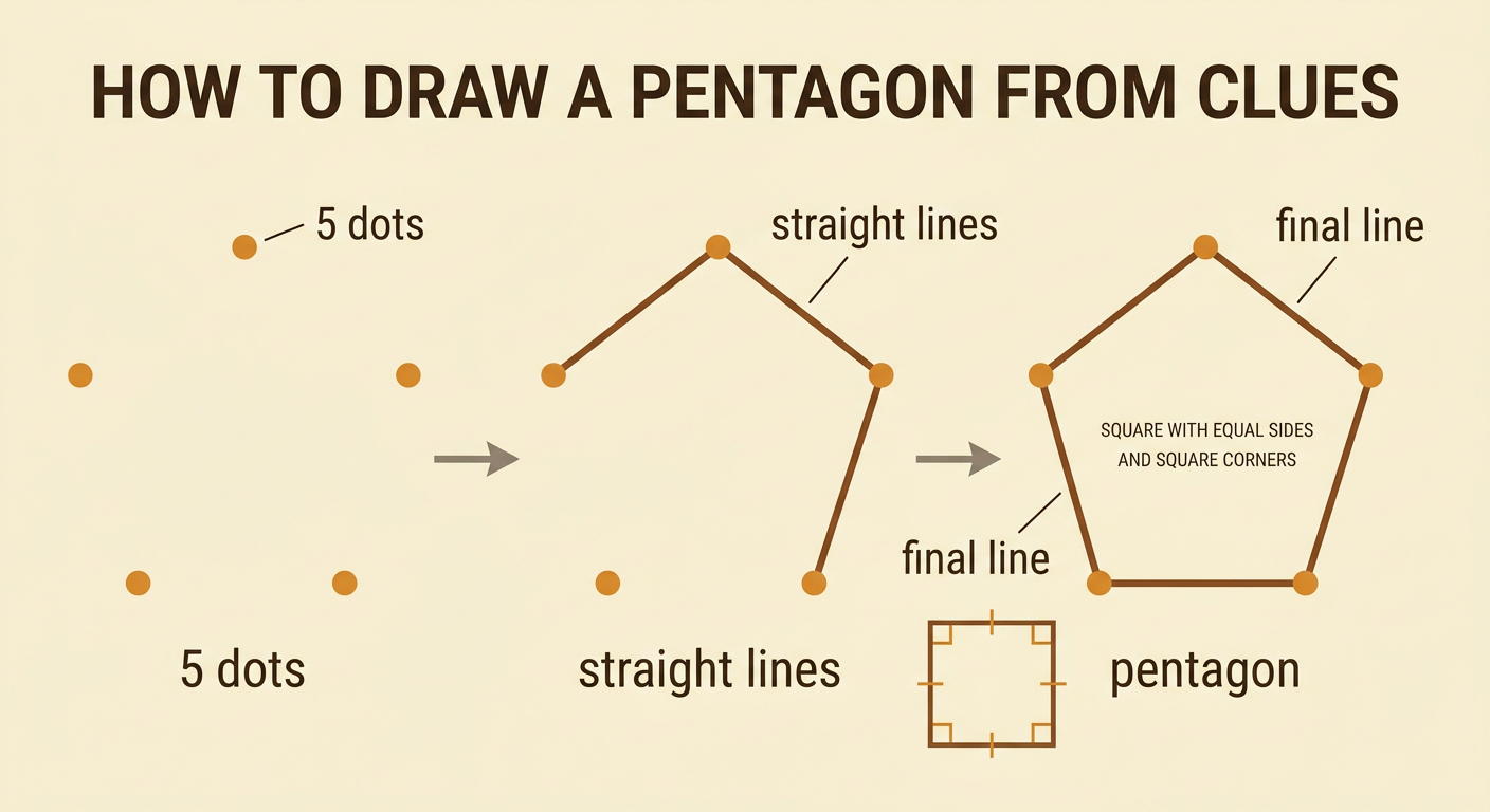 A four-step drawing shows five corner dots being connected and closed to make a pentagon.